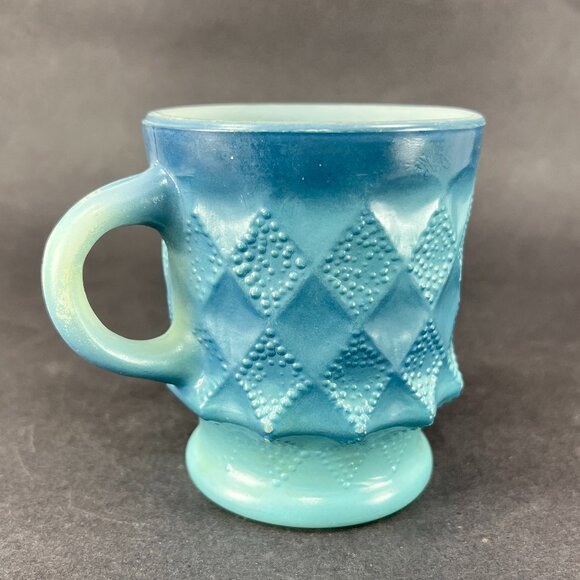 Vtg Anchor Hocking Fire King Kimberly Blue Glass Coffee Mug Diamond USA Retro - Picture 9 of 16
